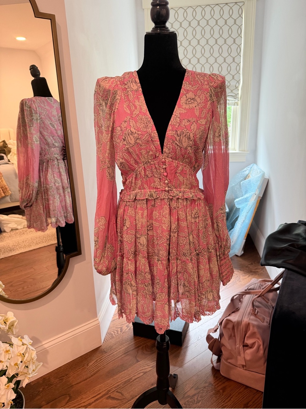 HEMANT & NANDITA Pink Paisley V-Neck Tiered Mini Dress